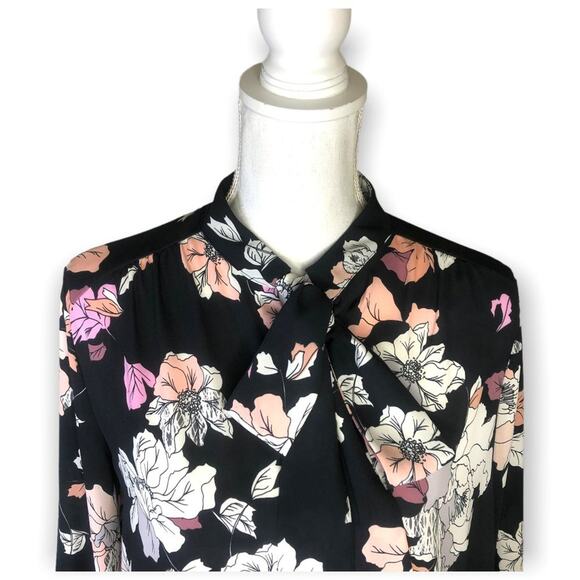 Astr The Label Tie Neck Long Sleeve Blouse Top Size S Black Pink Floral Sheer - Picture 13 of 13